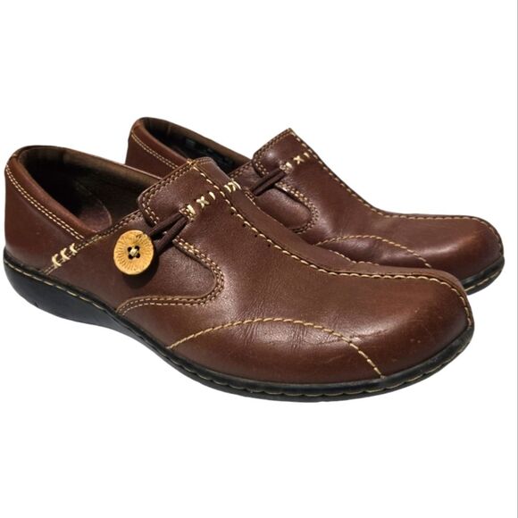 Clarks Bendables Brown Leather Slip On Comfort Shoes Size 8 - Picture 1 of 6